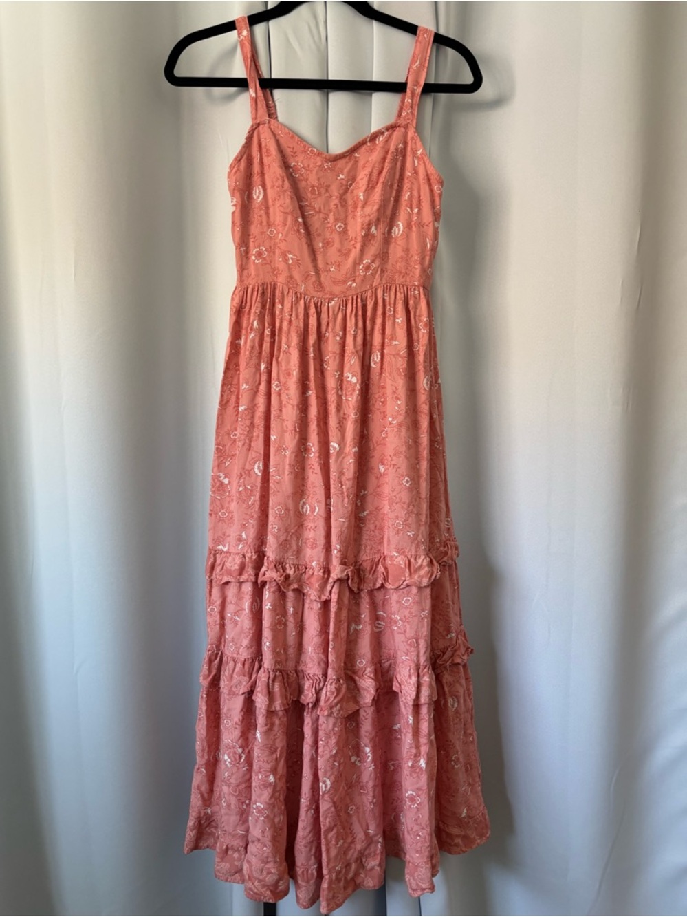 Japna Flowy Tiered Floral Midi Dress Coral Salmon Pink Floral Print Small Flowy